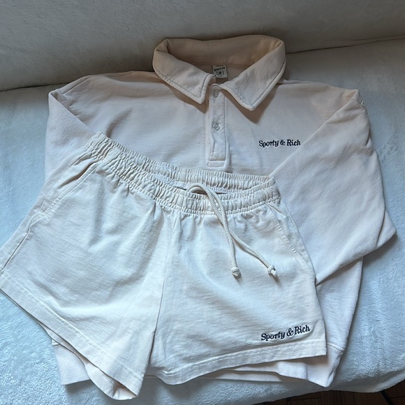 SPORTY & RICH Classic Logo Embroidered Polo - Cream &Disco Shorts - Picture 4 of 4